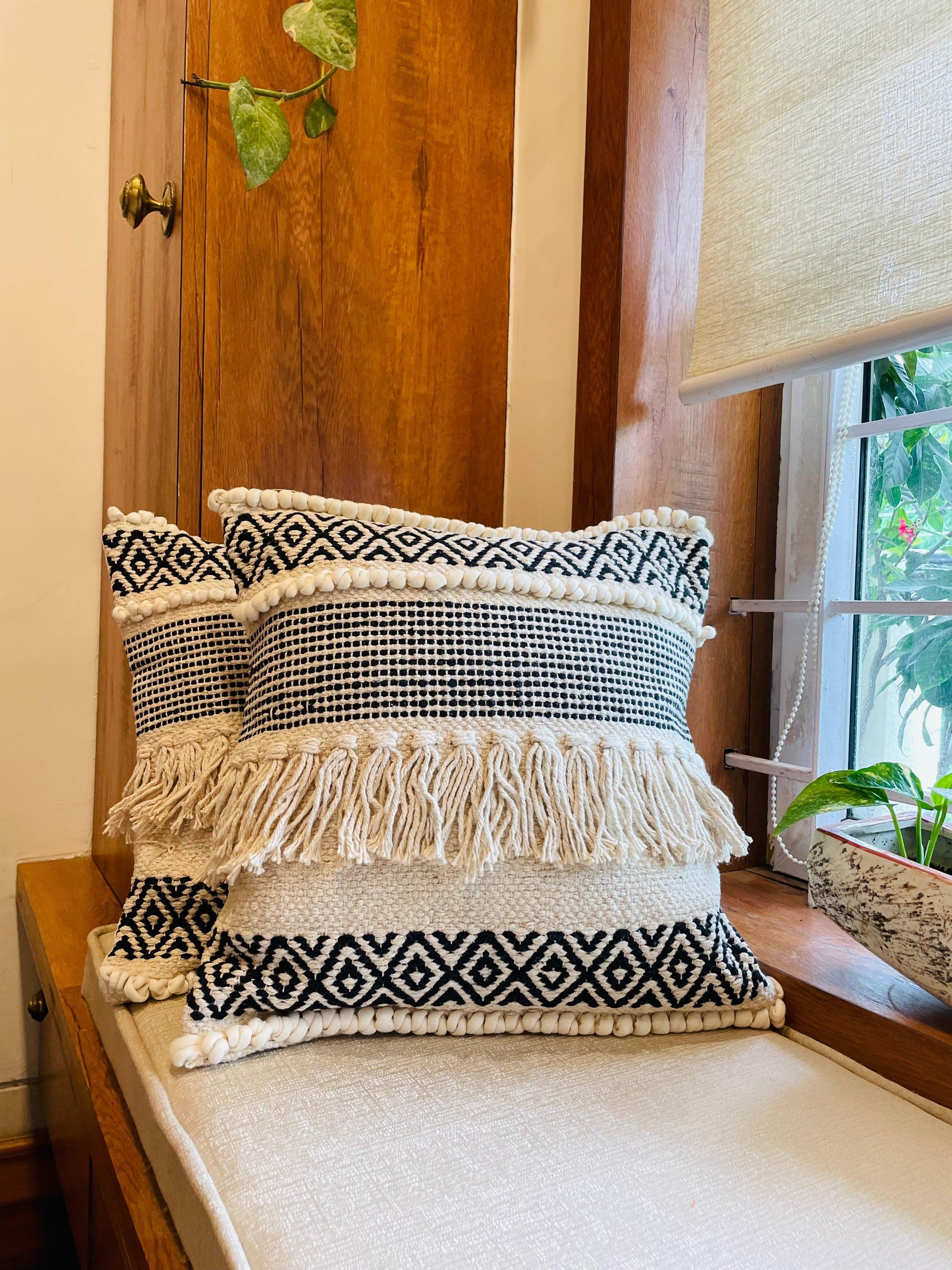 Bohemian Cotton Cushion Covers Black and White - TESU