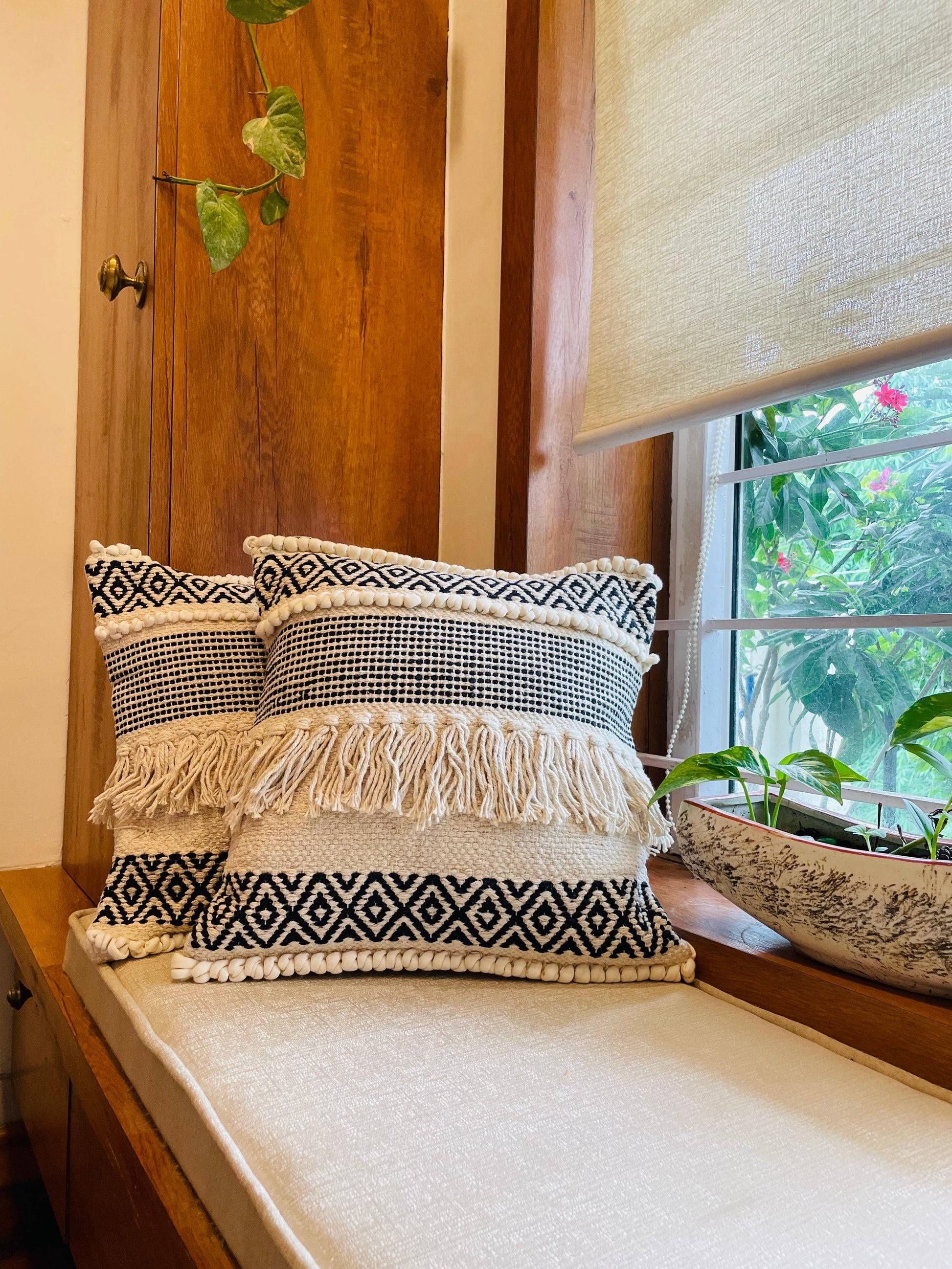 Bohemian Cotton Cushion Covers Black and White - TESU
