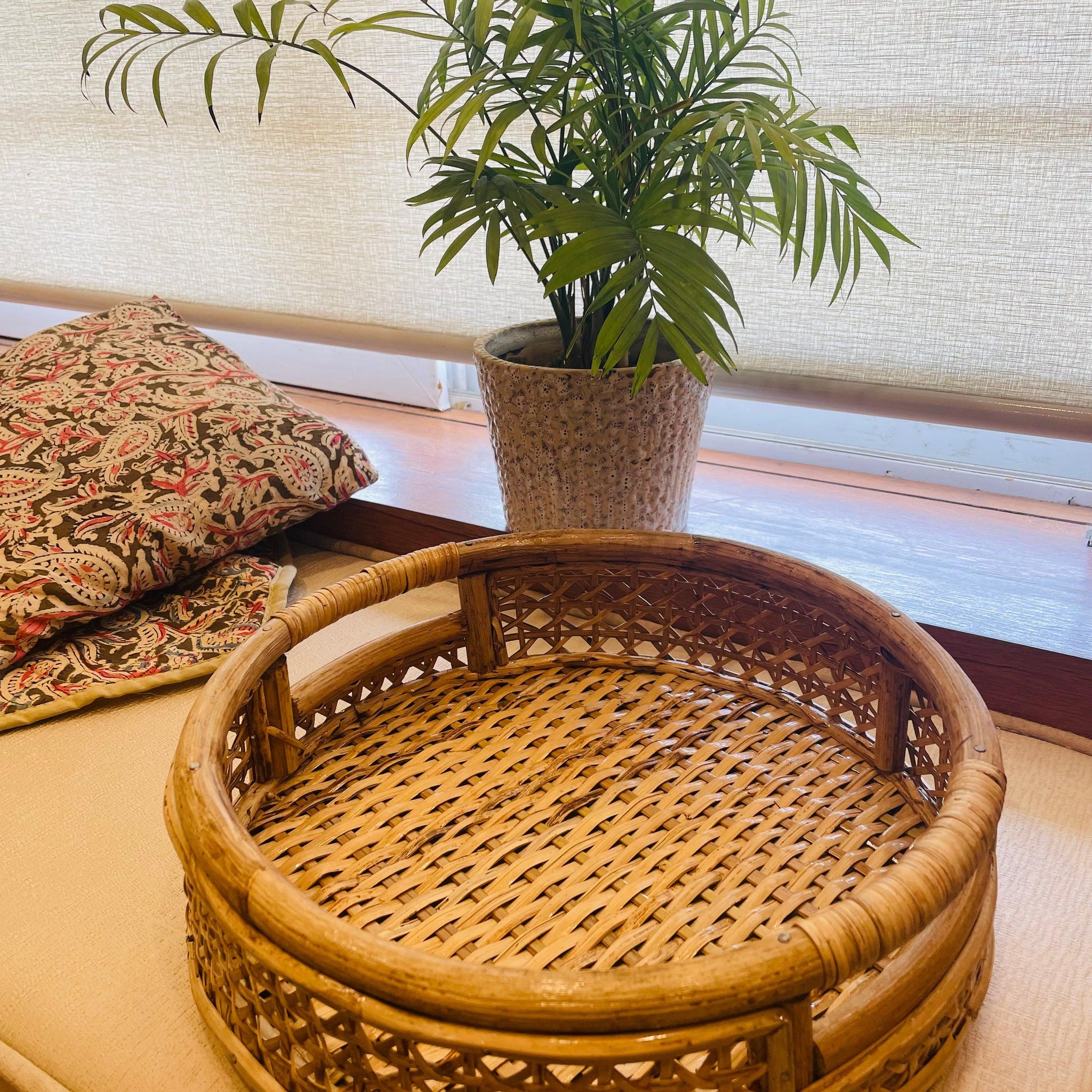 Handwoven Rattan Designer Cut Handle Tray - Round - TESU