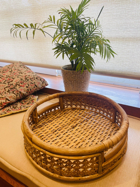 Handwoven Rattan Designer Cut Handle Tray - Round - TESU