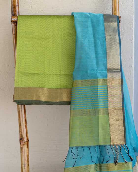 Handweave Maheshwari Handloom Silk Cotton Kurta and Dupatta Set - Parrot green and Turquoise blue
