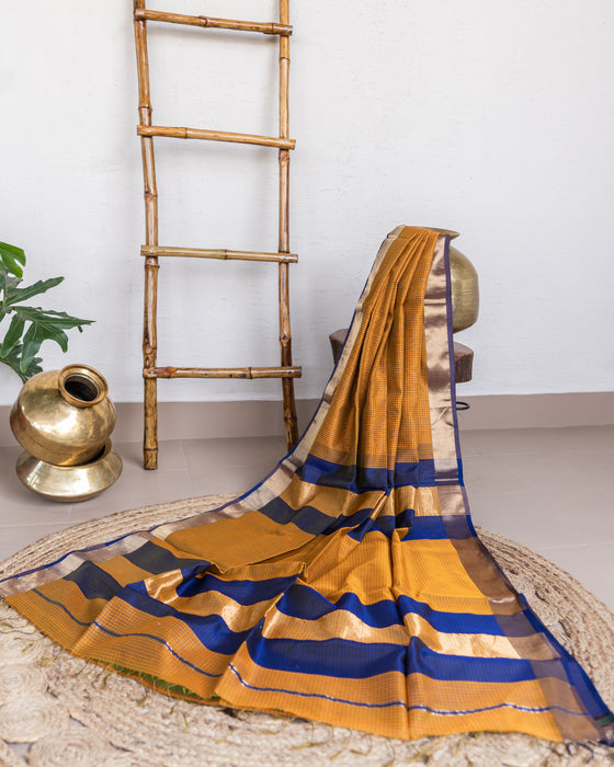 Handweave Maheshwari Handloom Mustard and Blue Checks Silk Cotton Saree