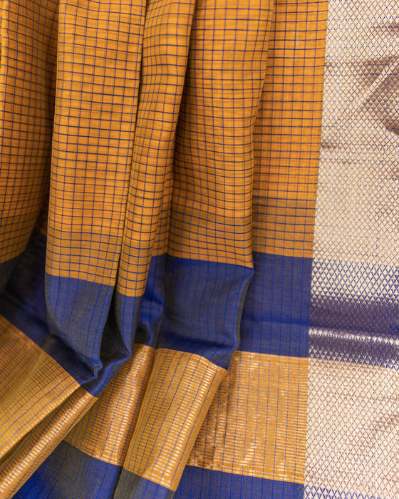 Handweave Maheshwari Handloom Mustard and Blue Checks Silk Cotton Saree