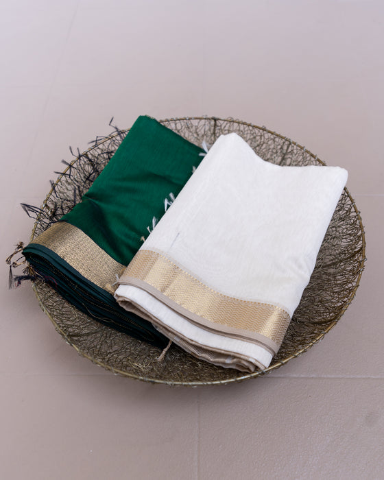 Handweave Maheshwari Handloom Ivory White and Gold  Silk Cotton Saree
