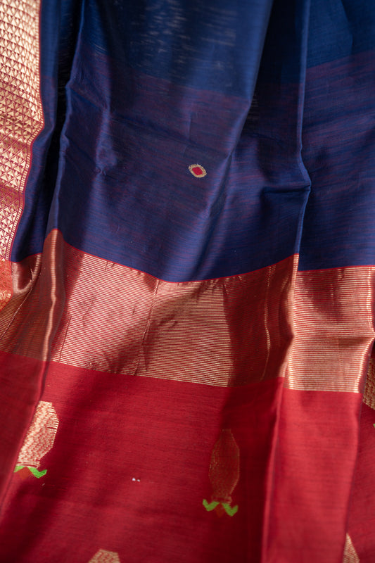 Handweave Maheshwari Handloom Royal  Blue and Red Broad Border Silk Cotton Saree - TESU