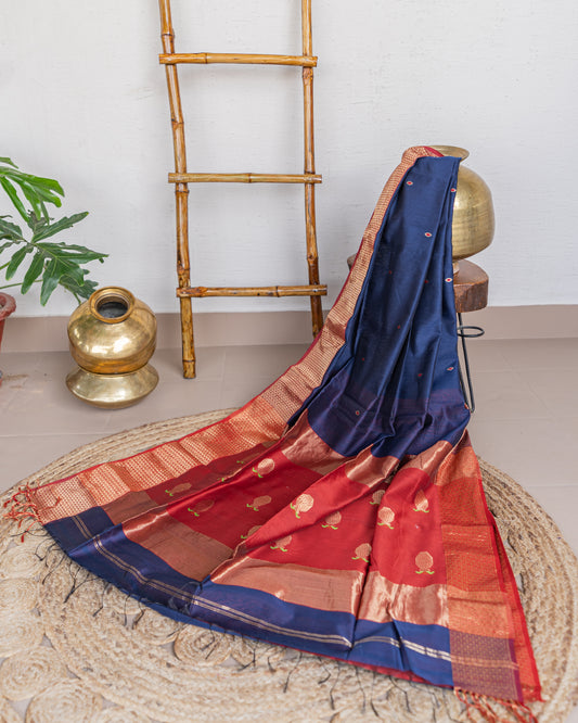 Handweave Maheshwari Handloom Royal Blue and Red Broad Border Silk Cotton Saree - TESU