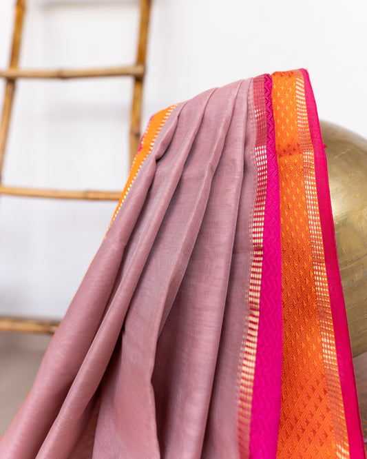 Handweave Maheshwari Handloom Light Cheeku Colour with Ganga Jamuna Border Silk Cotton Saree