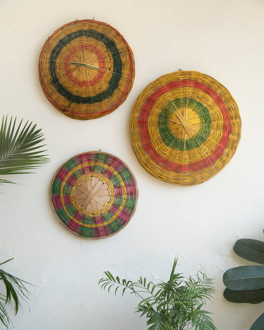Bamboo Woven Wall Decor Baskets - Set of 3  (Green-Fuchsia floral dye)