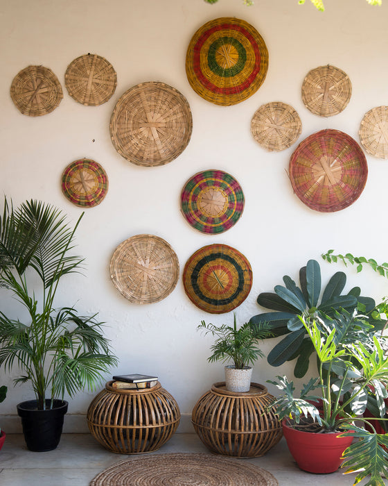 Bamboo Woven Wall Decor Baskets - Set of 3  (Green-Fuchsia floral dye)