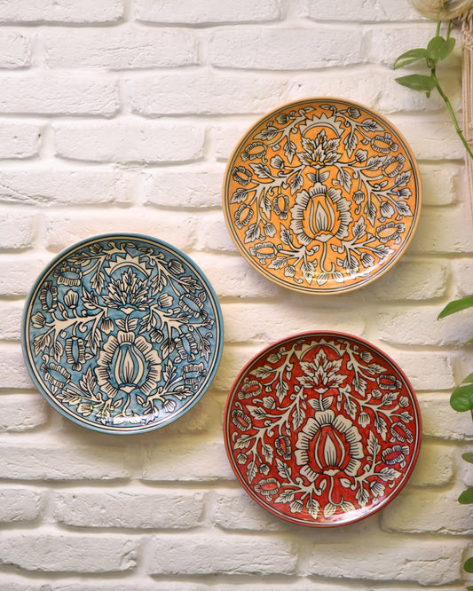  Bedroom décor, Classical wall plate, Hand painted wall art, Handcrafted wall plate, Hanging wall décor, Indian artisan’s craftsmanship, Living room décor, Vibrant wall plates set, Wall accent pieces, Yellow flower wall plate,TESU