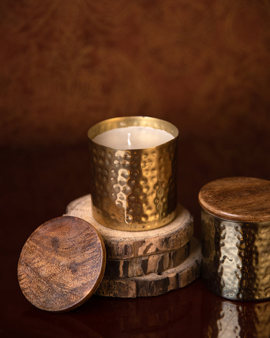 Brass Plated Candle with Wooden lid