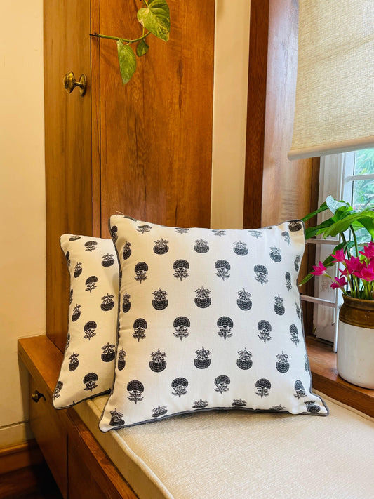 Grey and White Handblock Printed Cotton Cushion Covers - Set of 2 - TESU