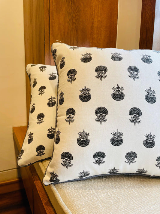 Grey and White Handblock Printed Cotton Cushion Covers - Set of 2 - TESU
