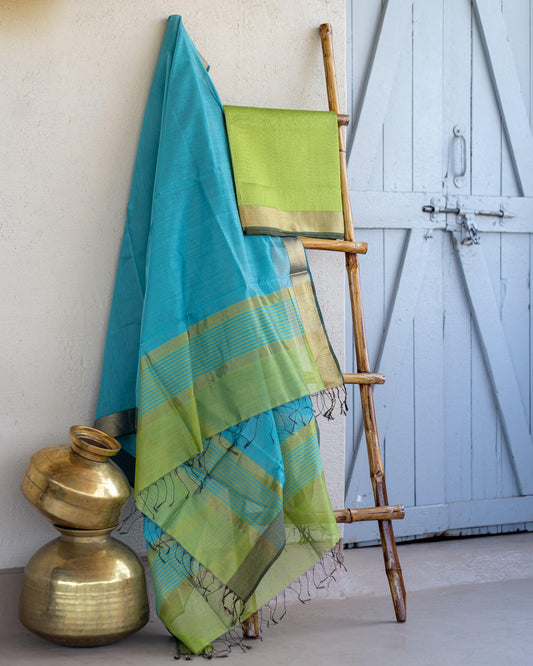 Handweave Maheshwari Handloom Silk Cotton Kurta and Dupatta Set - Parrot green and Turquoise blue - TESU