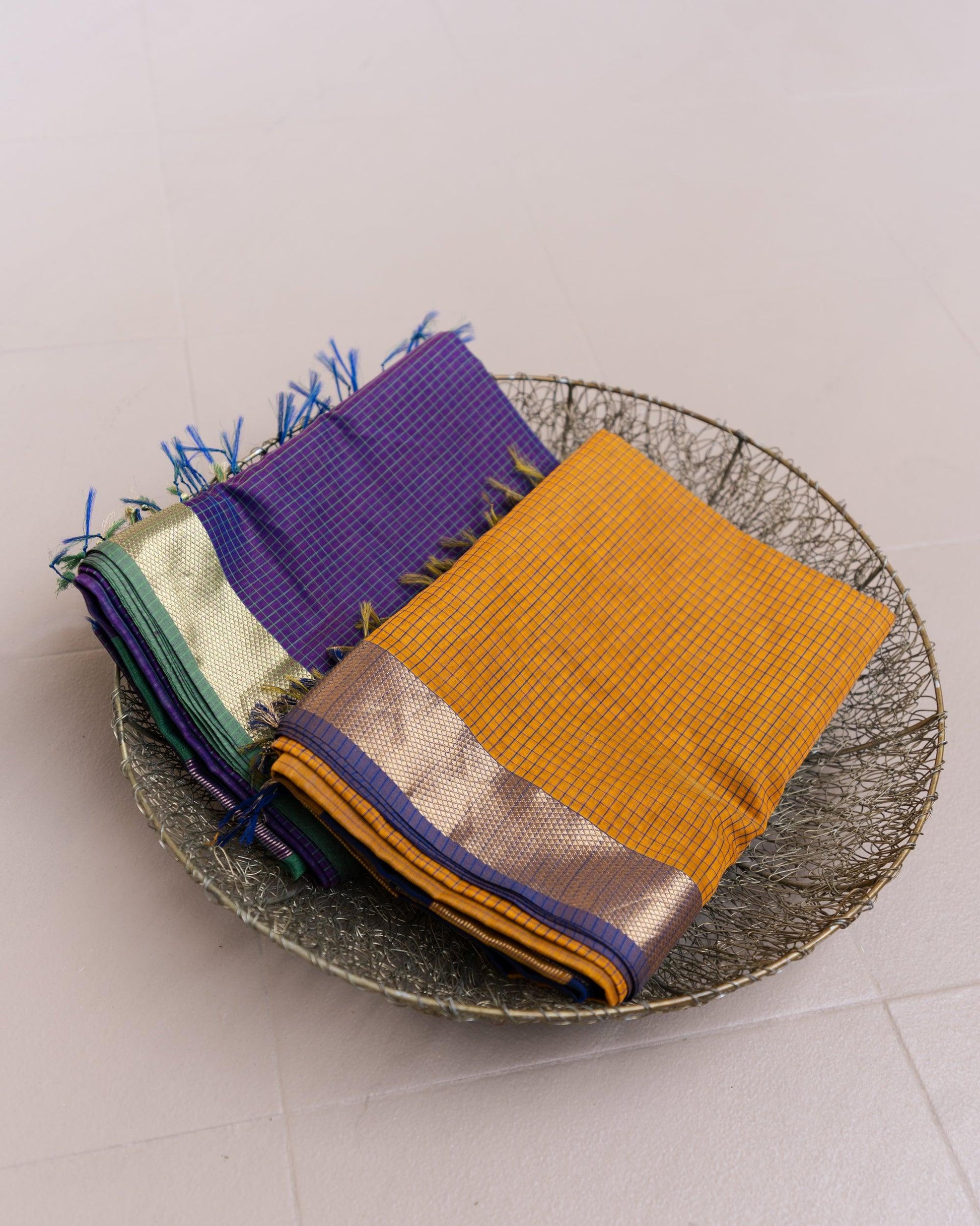 Handweave Maheshwari Handloom Mustard and Blue Checks Silk Cotton Saree - TESU