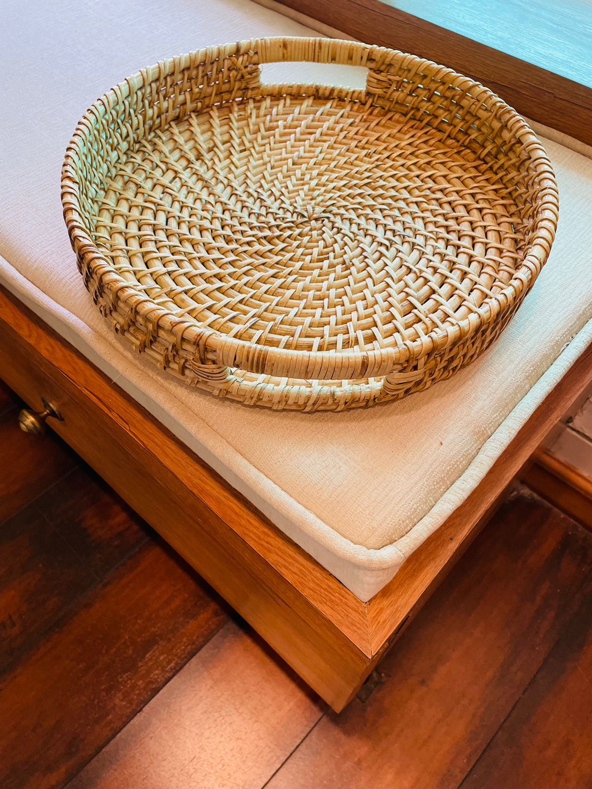 Handwoven Cane Serving Tray With Cut Handle - TESU