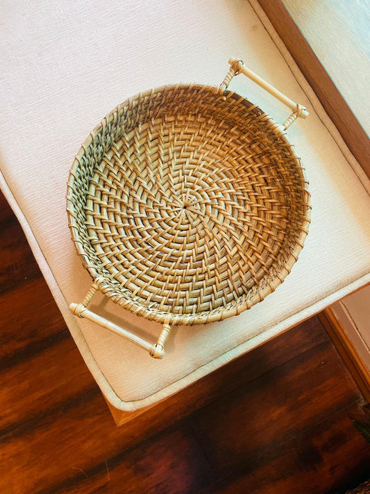 Handwoven Cane Serving Tray With Designer Handle - TESU