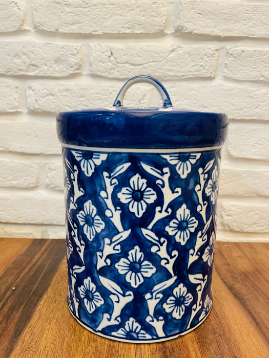Floral Blue and White Hand Painted Storage Jar with lid