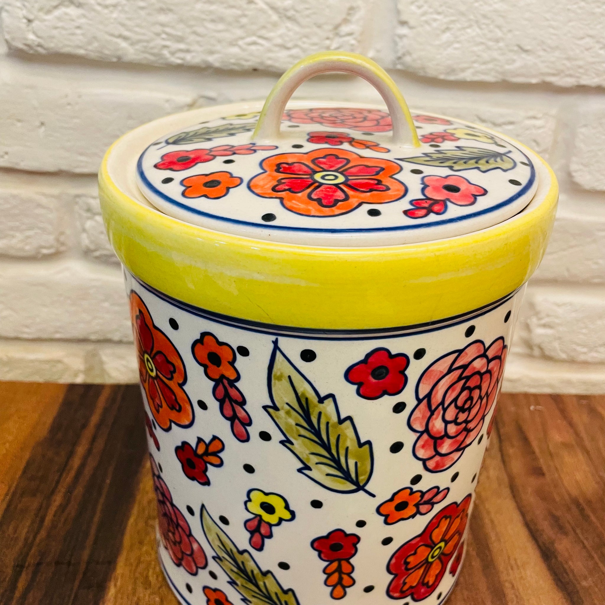 Floral Yellow and Red Hand Painted Storage Jar with lid