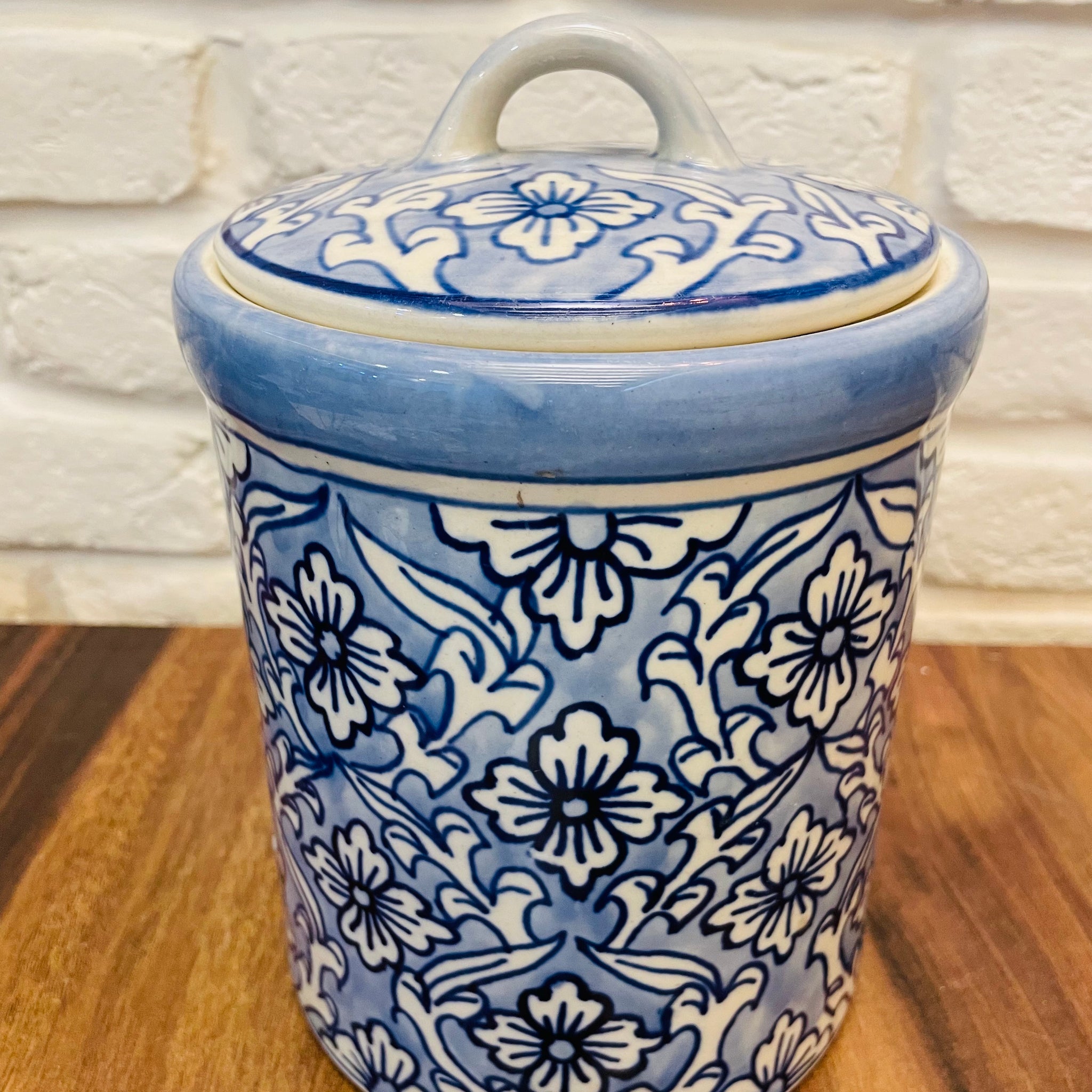 Floral Light Blue and White  Hand Painted Storage Jar with lid