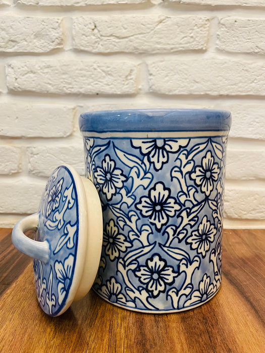 Floral Light Blue and White  Hand Painted Storage Jar with lid