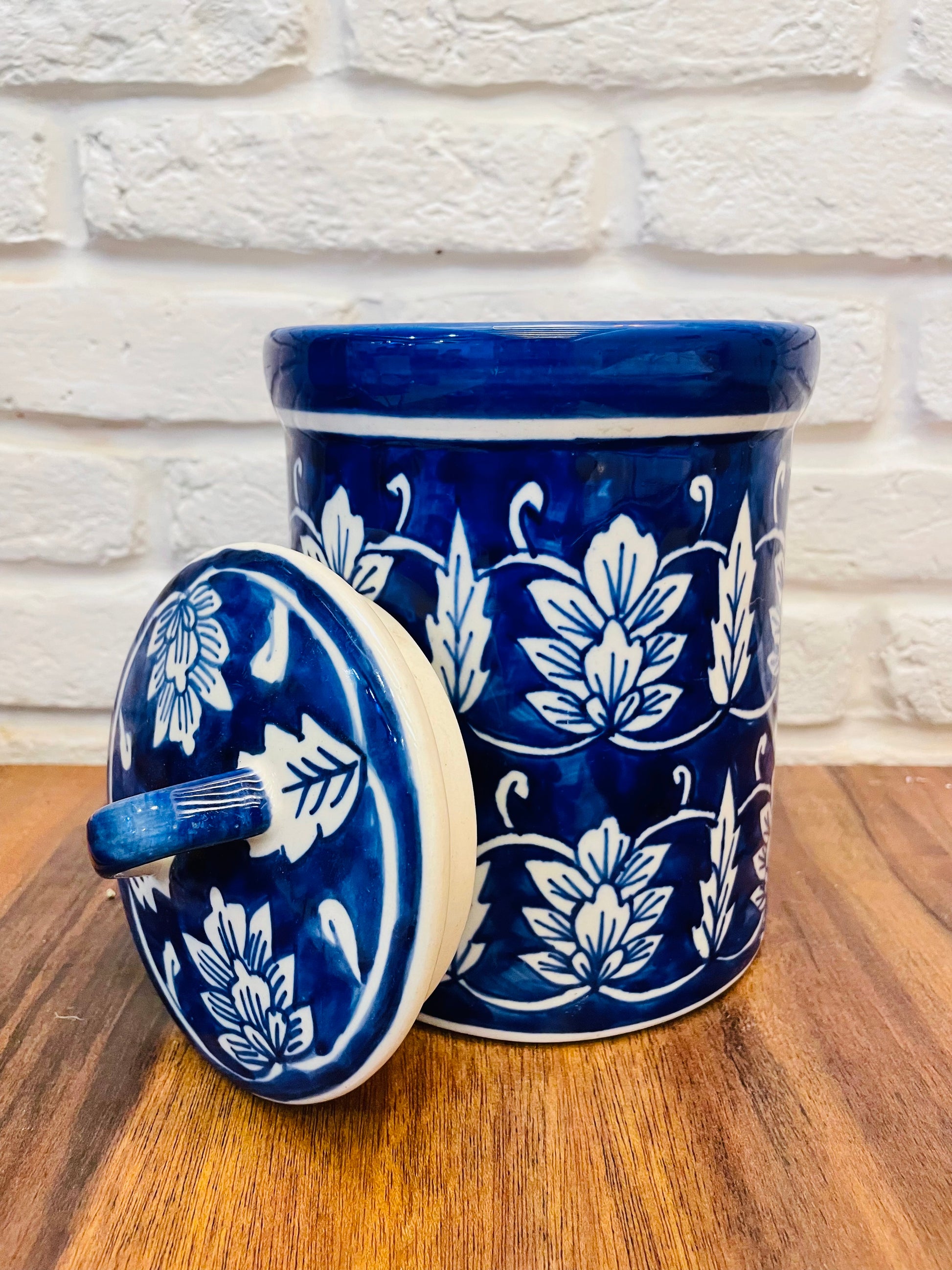 Floral Blue and White Hand Painted Storage Jar with lid - TESU