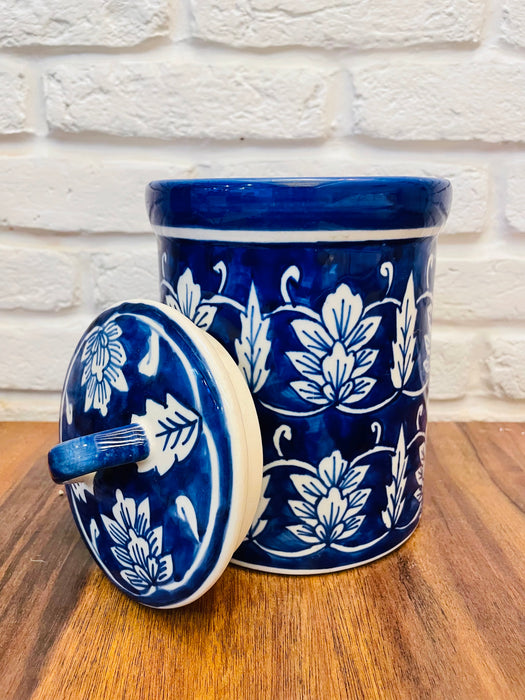 Floral Blue and White Hand Painted Storage Jar with lid