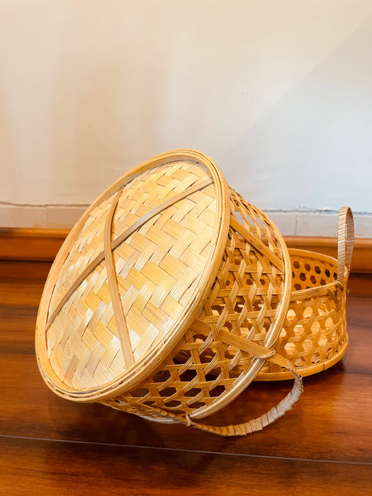 Handwoven Round Bamboo Basket with Handle