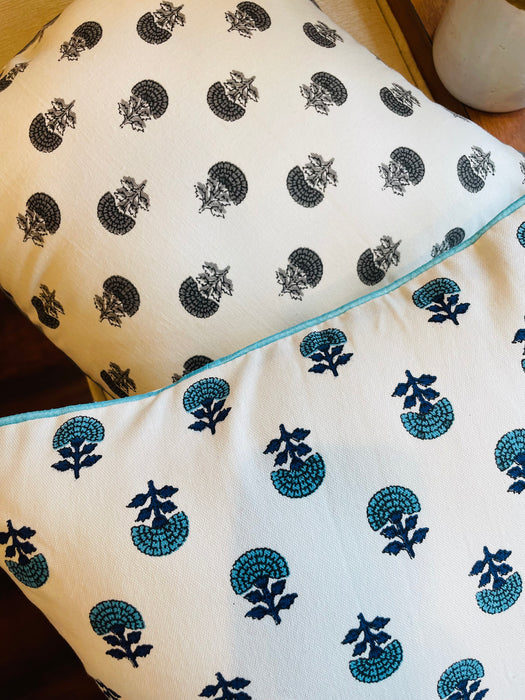 Turquoise Blue and White  Handblock Printed Cotton Cushion Covers - Set of 2