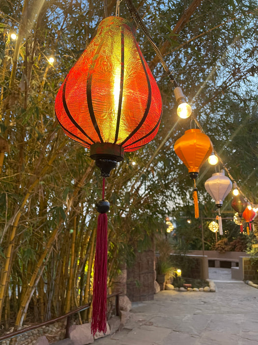 Vietnamese Silk Lanterns - Drop Shaped Deep Green &  Red Printed