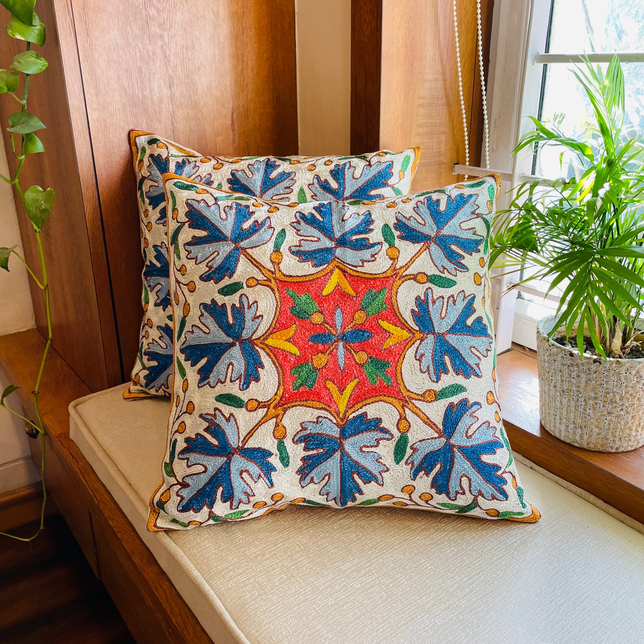 Maple Leaf Chainstitch Embroidered Cushion Cover - Blue and Orange