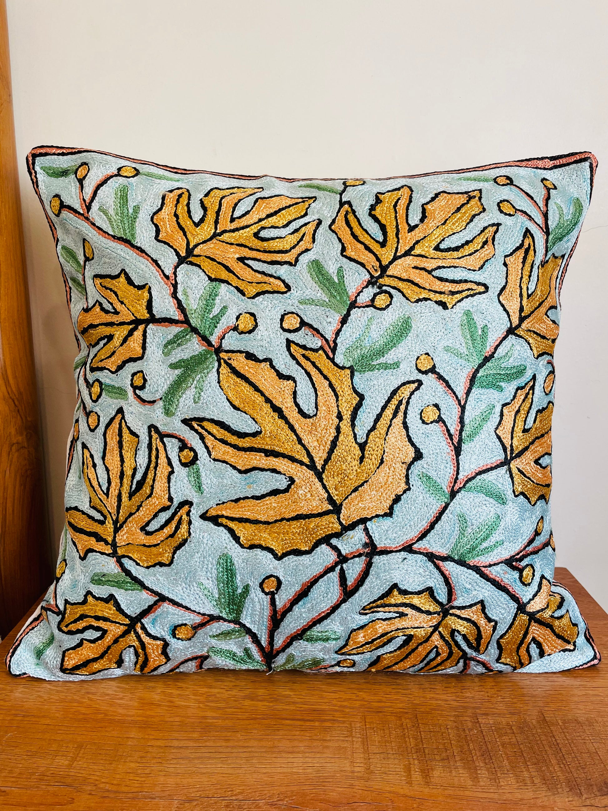 Maple Leaf Chainstitch Embroidered Cushion Cover - Light blue and Yellow - TESU