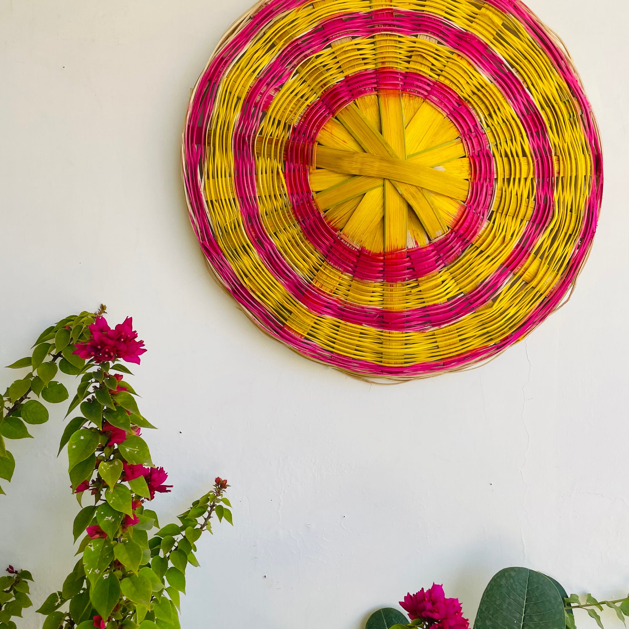 Bamboo Woven Wall Decor Basket - Pink and Yellow