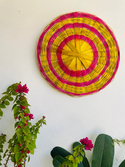 Bamboo Woven Wall Decor Basket - Pink and Yellow