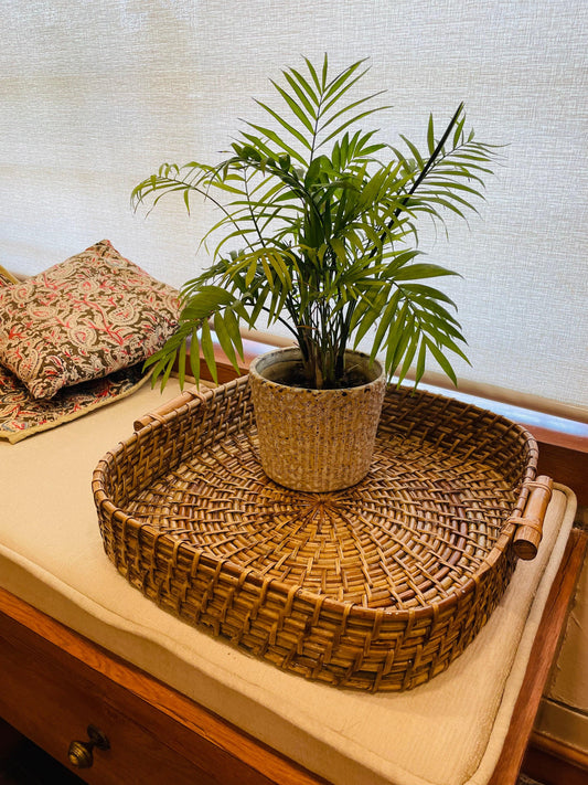 Handwoven Cane Tray With Wooden Handle - Square - TESU