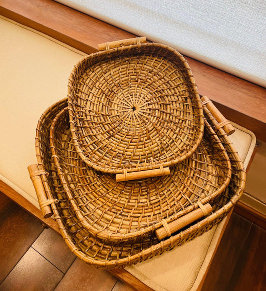 Handwoven Cane Tray With Wooden Handle - Square - TESU