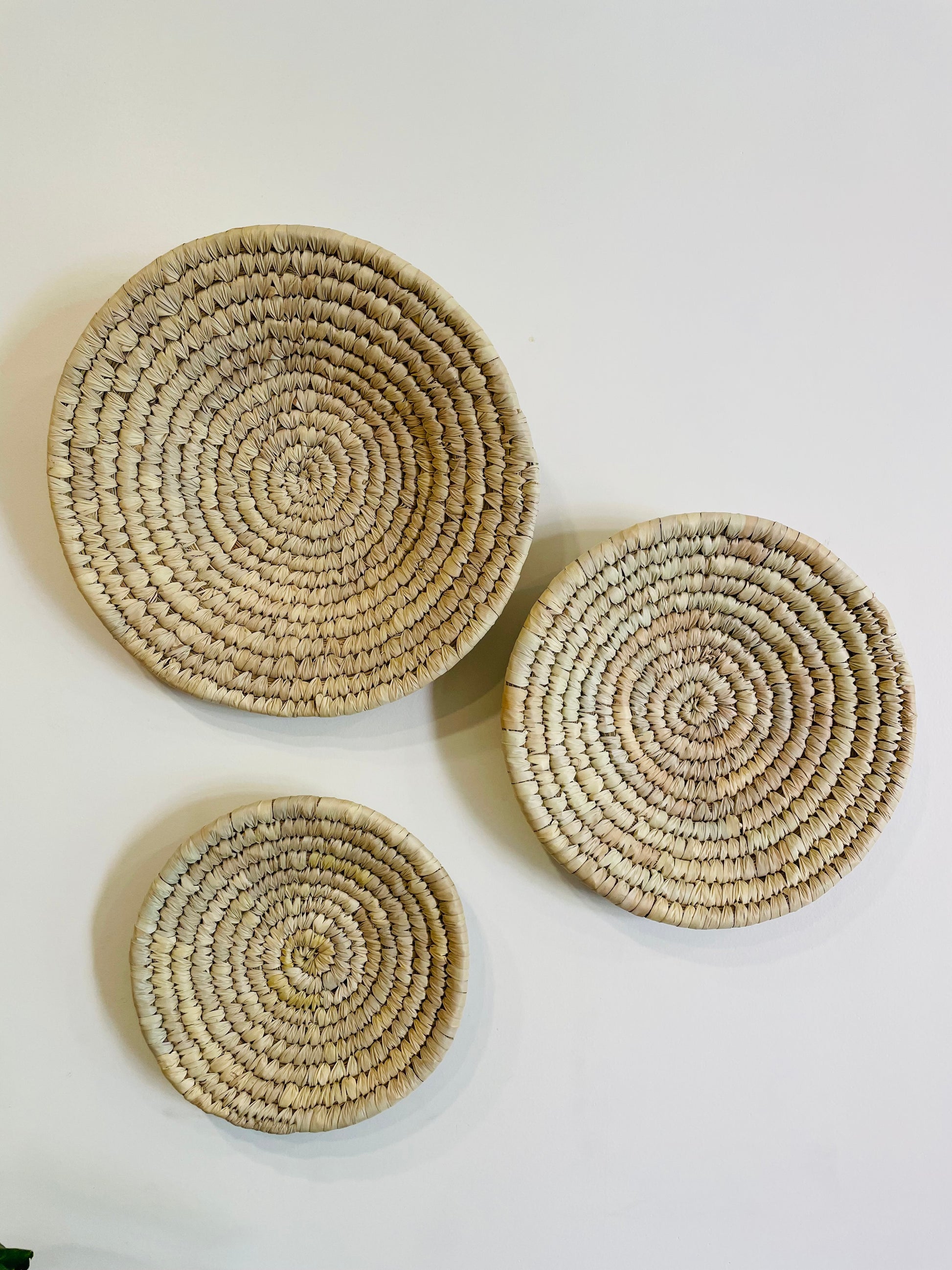  Artisanal Palm Leaf Design, Boho Home Accessory, Circular Wall Baskets, Easy Hanging Hook, Eco-friendly Plate, Fruit or Bread Baskets, Handcrafted Wall Décor, Indian Artisan Craft, Natural Palm Leaf Plates, Palm Leaf Woven Plates, Spiral-shaped Design, Sustainable Home Décor, Three Sizes Available, Wall Hanging Plate, Tesu