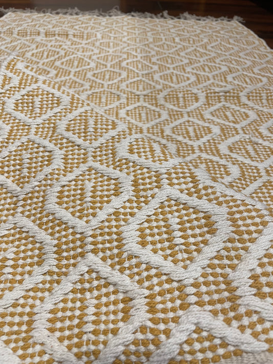  Bohemian rug, Cozy floor rug, Entryway rug, Flat weave rug, Geometric pattern rug, Global appeal rug, Hand-woven durry rug, Living area rug, Repeating colors rug, Yellow and white cotton durry rug, TESU