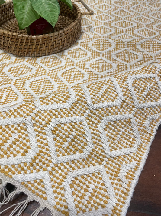  Bohemian rug, Cozy floor rug, Entryway rug, Flat weave rug, Geometric pattern rug, Global appeal rug, Hand-woven durry rug, Living area rug, Repeating colors rug, Yellow and white cotton durry rug, TESU