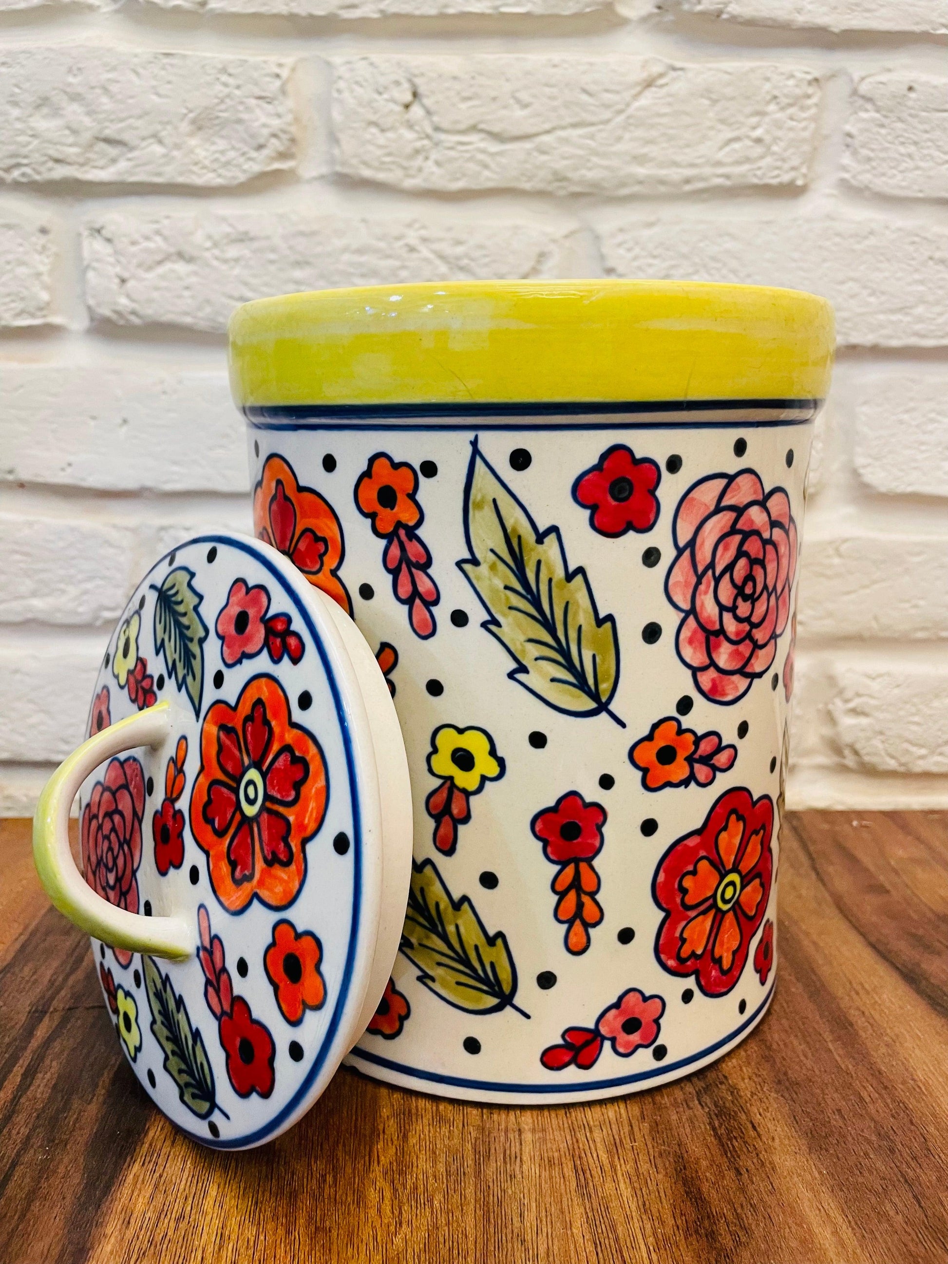 Floral Yellow and Red Hand Painted Storage Jar with lid - TESU