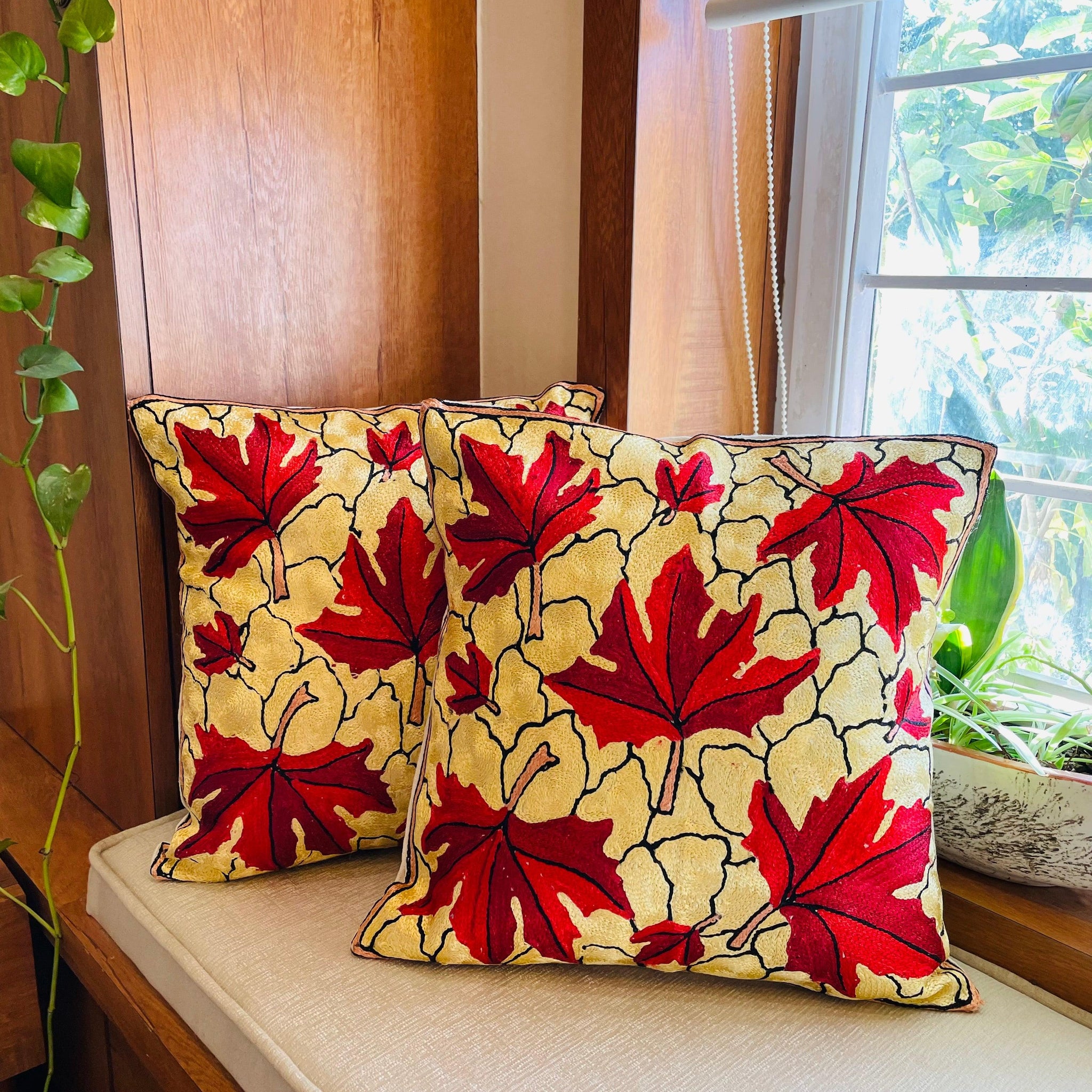 Maple Leaf Chainstitch Embroidered Cushion Cover - Red and Cream - TESU