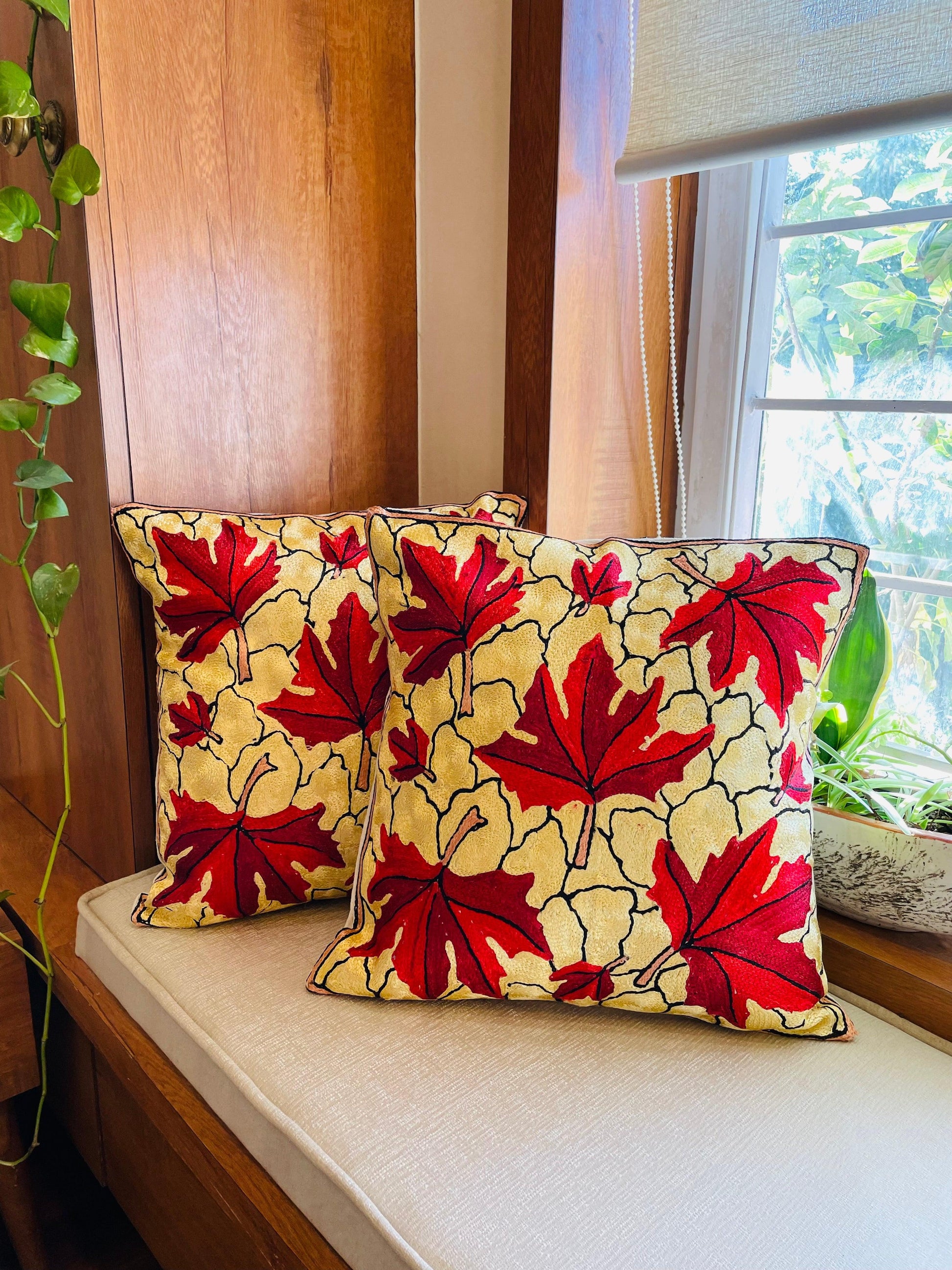 Maple Leaf Chainstitch Embroidered Cushion Cover - Red and Cream - TESU