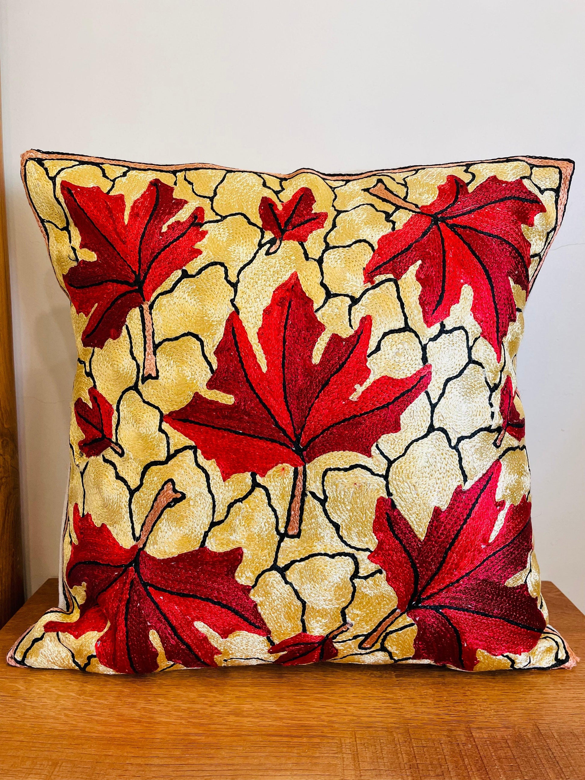 Maple Leaf Chainstitch Embroidered Cushion Cover - Red and Cream - TESU