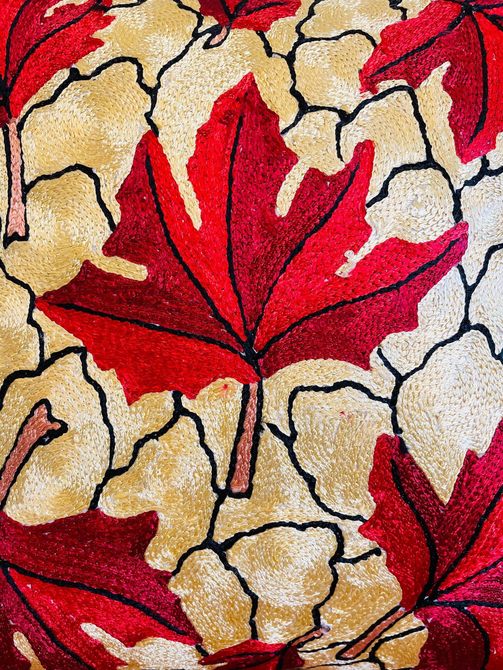 Maple Leaf Chainstitch Embroidered Cushion Cover - Red and Cream - TESU