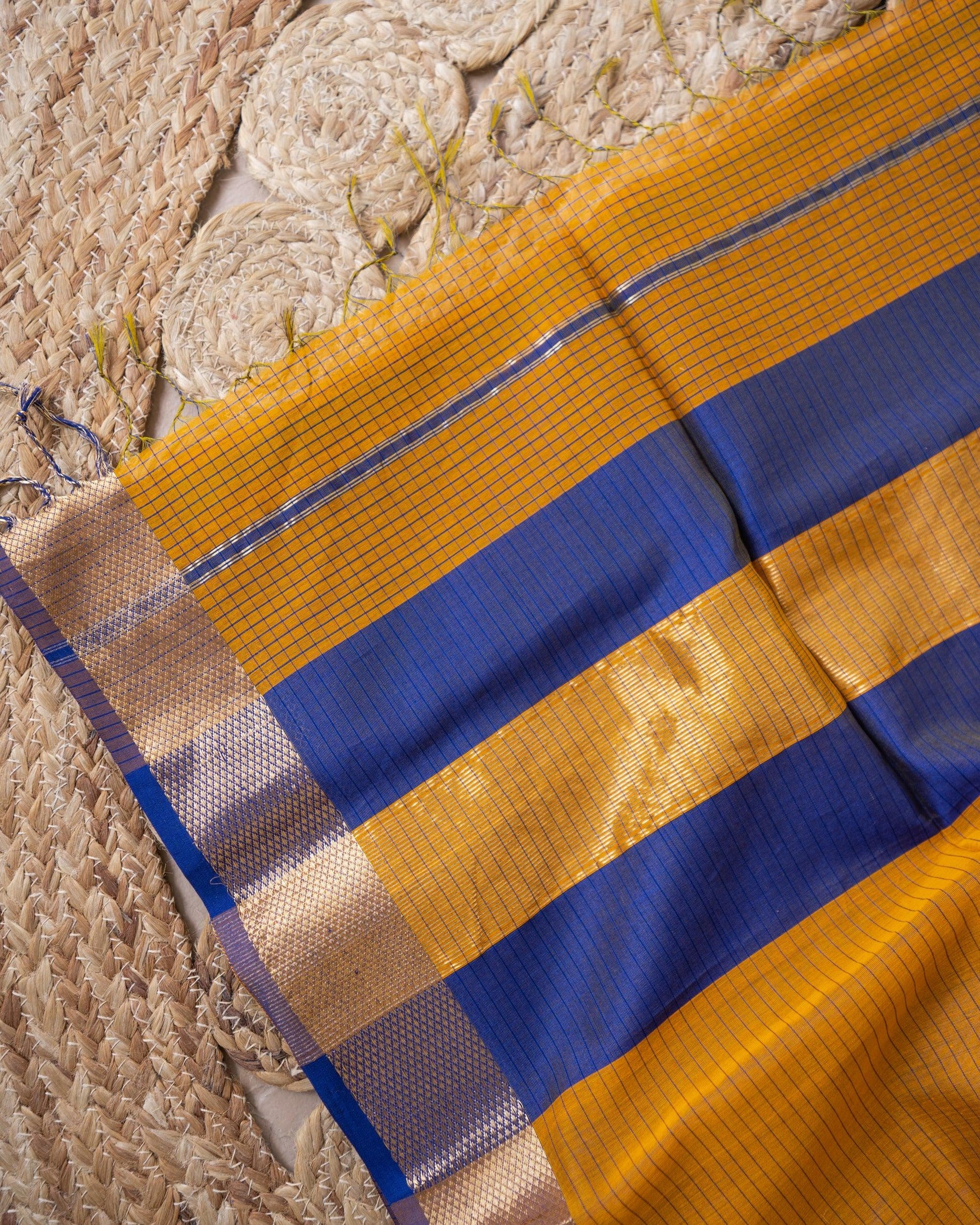 Handweave Maheshwari Handloom Mustard and Blue Checks Silk Cotton Saree - TESU