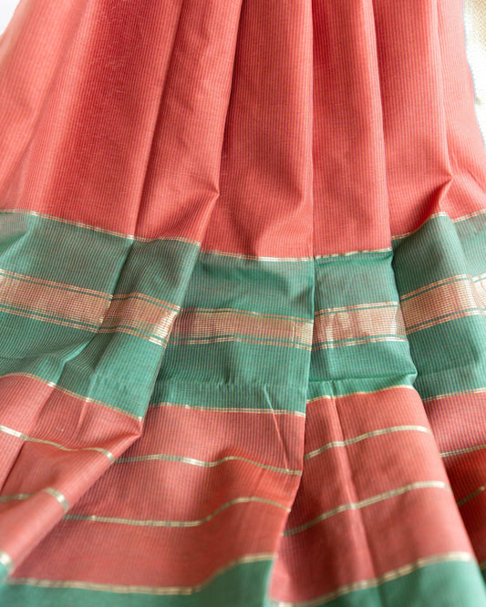 Handweave Maheshwari Handloom Rust and Green Silk Cotton Saree - TESU