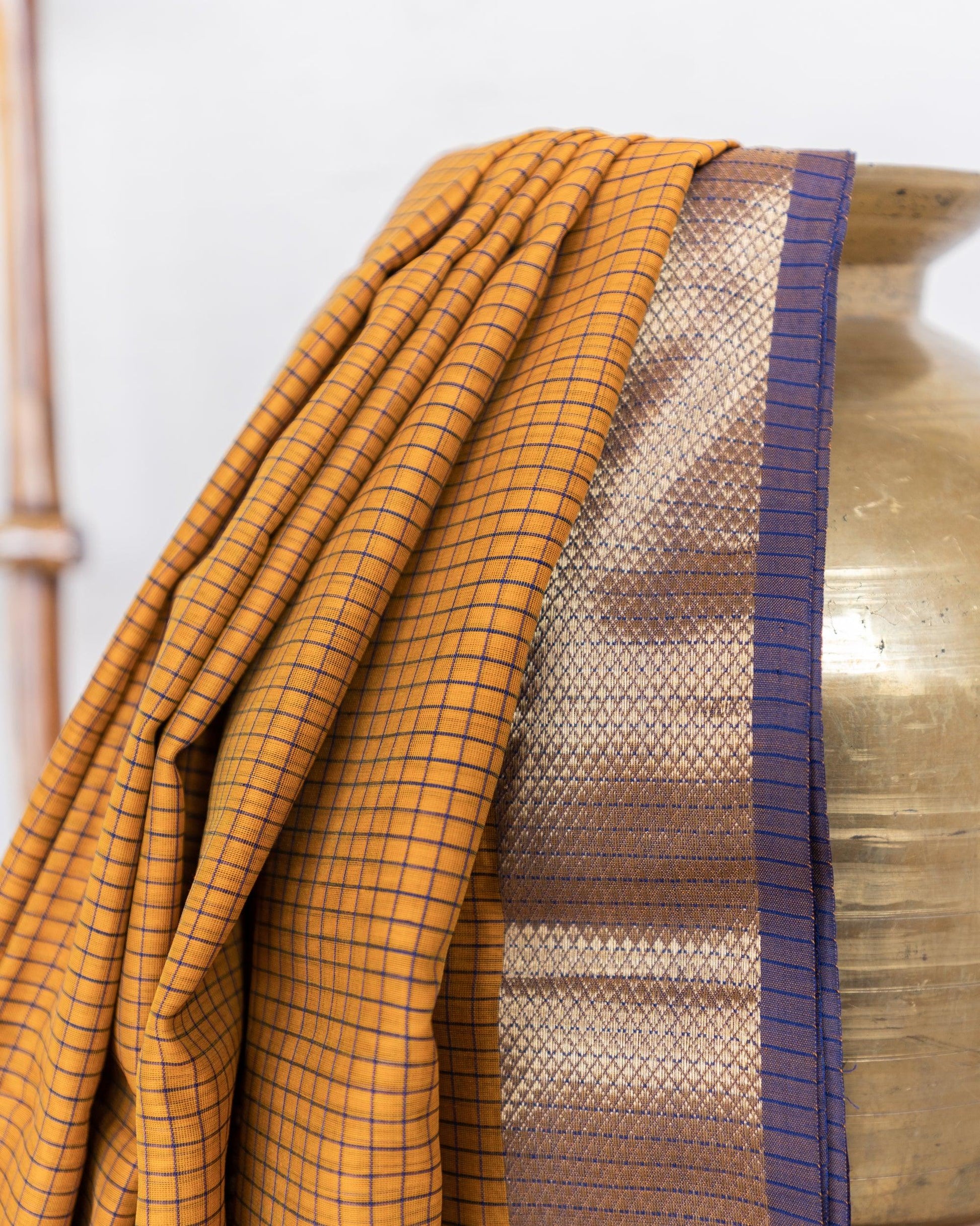 Handweave Maheshwari Handloom Mustard and Blue Checks Silk Cotton Saree - TESU