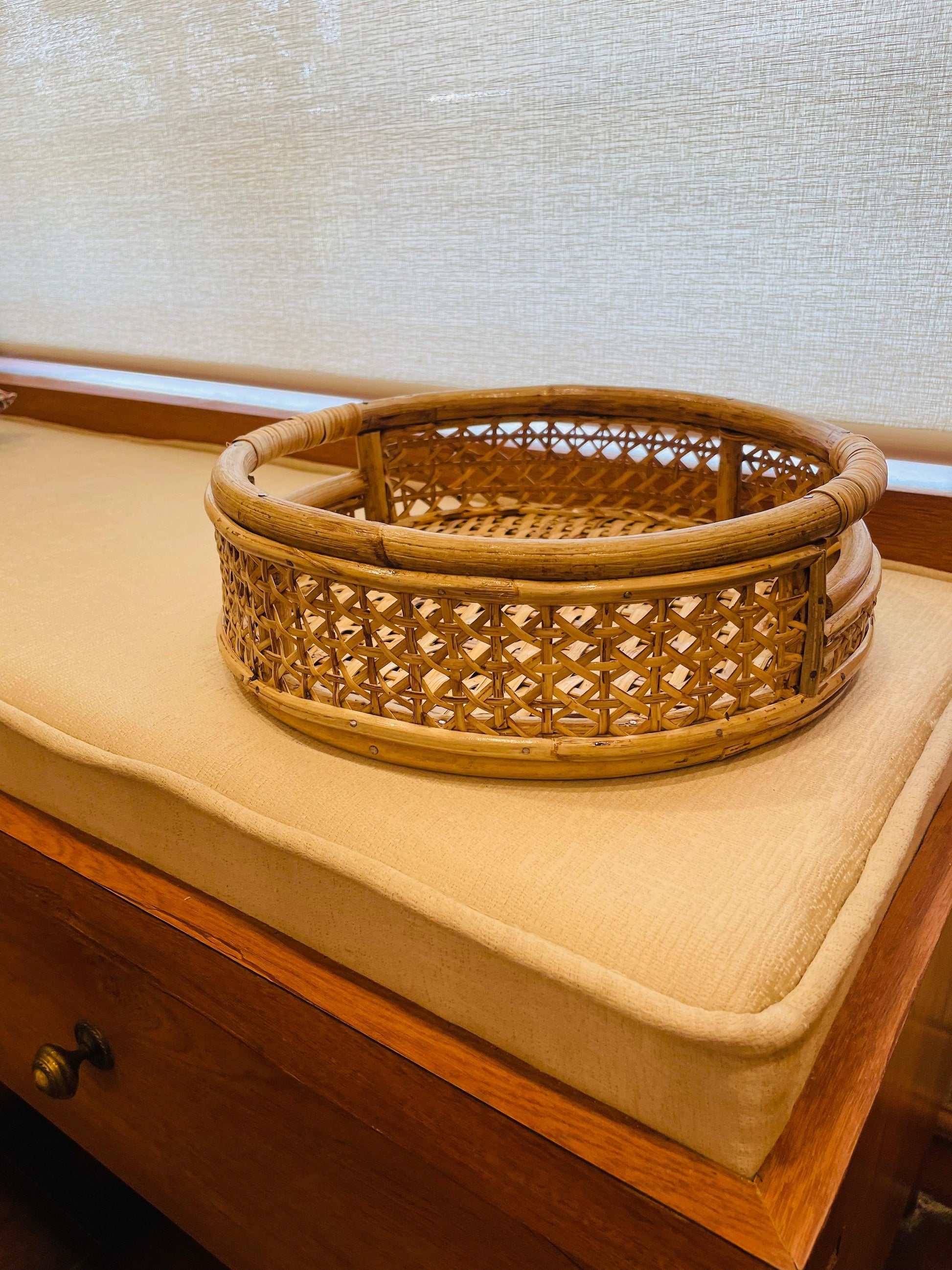 Handwoven Rattan Designer Cut Handle Tray - Round - TESU