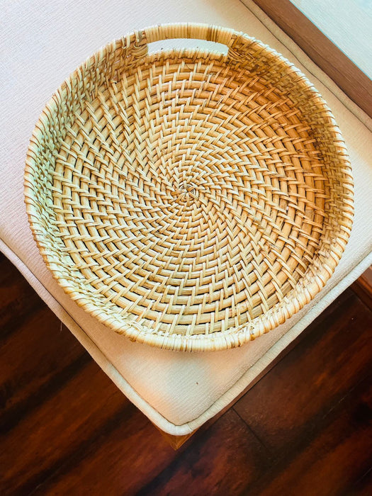 Handwoven Cane Serving Tray With Cut Handle