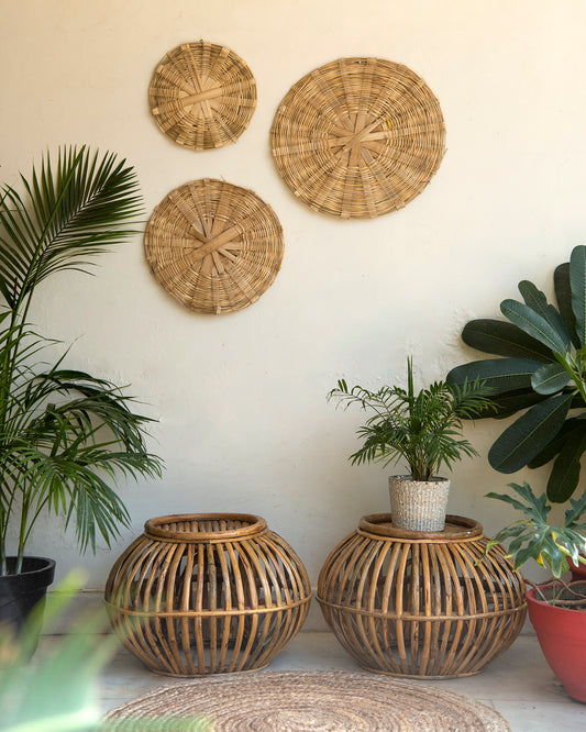 Bamboo Woven Wall Baskets - Set of 3. Bamboo woven wall baskets, Eco-friendly décor, Floral dyes, Handcrafted multi-utility baskets, Handmade bamboo basket plate, Handwoven bamboo wall hanging, Hooks for hanging, Organic colors, Sturdy craftsmanship, Sustainable home choices, Vibrant aesthetic, Wall decorator, Weave design, tesu 